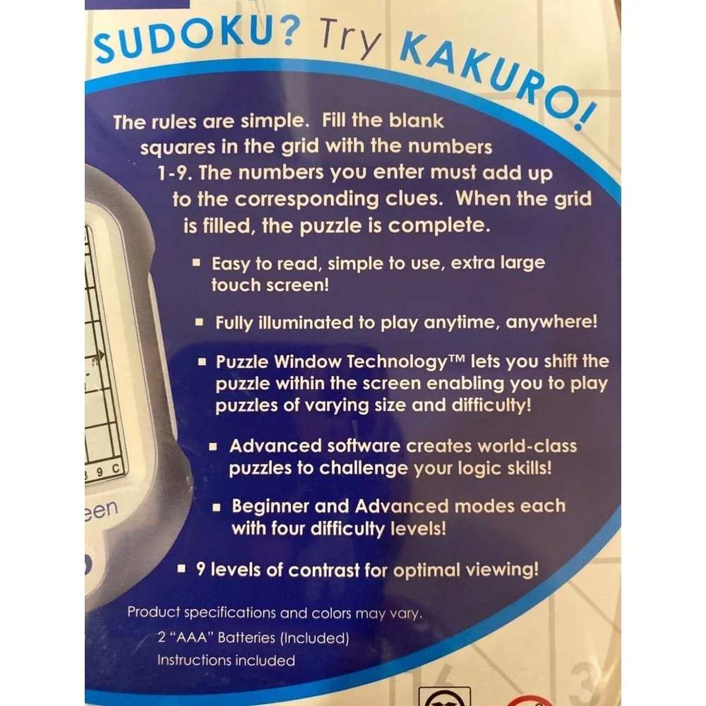 Kakuro Illuminated Mega Touch Screen Logic Puzzle Techno‎ Source Travel Game NIB